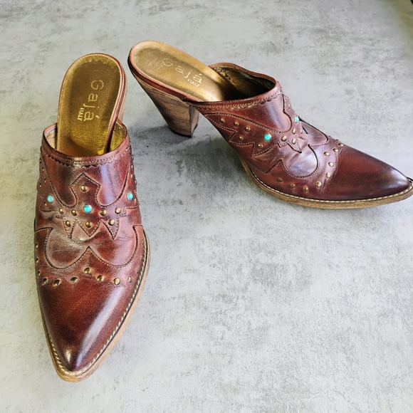 Gaja Italy Leather Mules Womens 39 US 9 Brown Pointed Toe Studs Western Cowgirl - Picture 12 of 12